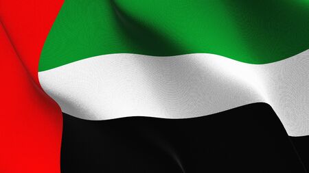 United Arab Emirates flag waving on wind. Emirati background fullscreen flag blowing on wind. Realistic fabric texture on elevator day.の写真素材