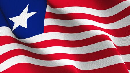 Liberia flag waving on wind. Liberian background fullscreen flag blowing on wind. Realistic fabric texture on elevator day.の写真素材