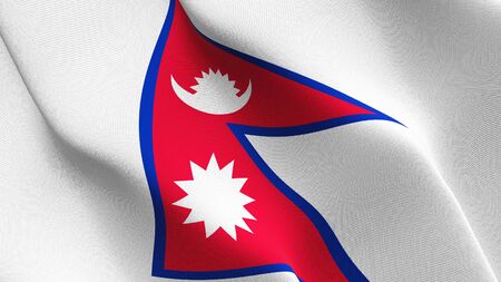 Nepal flag waving on wind. Nepalese background fullscreen flag blowing on wind. Realistic fabric texture on elevator day.の写真素材