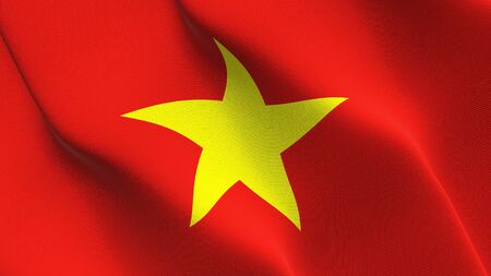 Vietnam flag waving on wind. Vietnamese background fullscreen flag blowing on wind. Realistic fabric texture on elevator day.の写真素材
