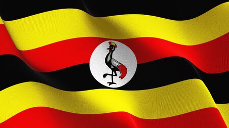 Uganda flag waving on wind. Ugandan background fullscreen flag blowing on wind. Realistic fabric texture on elevator day.の写真素材