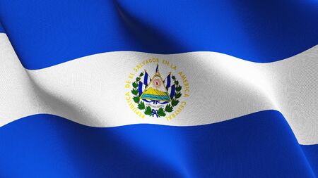 El Salvador flag waving on wind. Salvadoran background fullscreen flag blowing on wind. Realistic fabric texture on elevator day.の写真素材