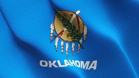 Oklahoma US State flag waving on wind. United States of America Oklahoma background fullscreen flag blowing on wind. Realistic fabric texture on elevator day.の写真素材