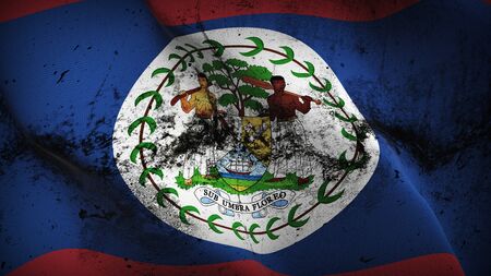 Belize grunge flag waving on wind. Belizean dirty background fullscreen flag blowing on wind. Realistic fabric texture on elevator day.の写真素材