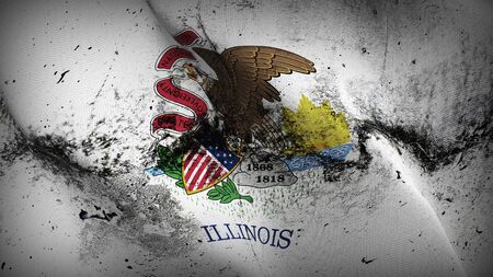 Illinois US State grunge flag waving on wind. United States of America Illinois dirty background fullscreen flag blowing on wind. Realistic fabric texture on elevator day.の写真素材