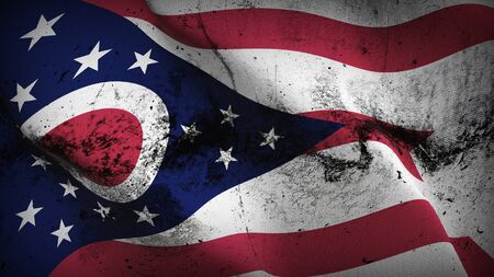 Ohio US State grunge flag waving on wind. United States of America Ohio dirty background fullscreen flag blowing on wind. Realistic fabric texture on elevator day.の写真素材