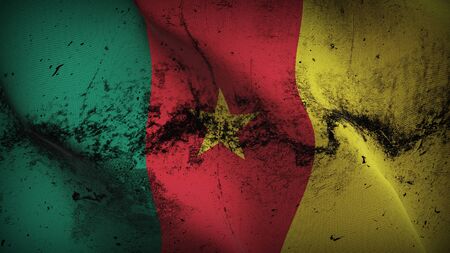 Cameroon grunge flag waving on wind. Cameroonian dirty background fullscreen flag blowing on wind. Realistic fabric texture on elevator day.の写真素材
