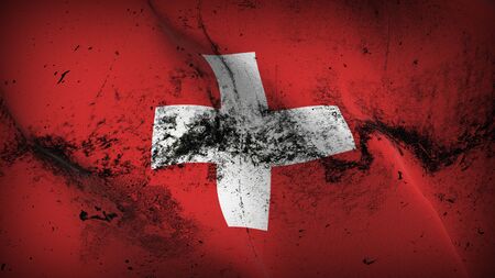 Switzerland grunge flag waving on wind. Swiss dirty background fullscreen flag blowing on wind. Realistic fabric texture on elevator day.の写真素材