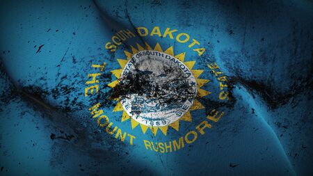 South Dakota US State grunge flag waving on wind. United States of America South Dakota dirty background fullscreen flag blowing on wind. Realistic fabric texture on elevator day.の写真素材