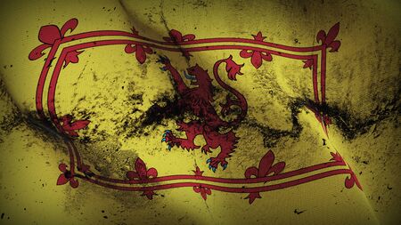 Royal Banner of Scotland grunge flag waving on wind. Royal Banner of Scotland dirty background fullscreen flag blowing on wind. Realistic fabric texture on elevator day.の写真素材