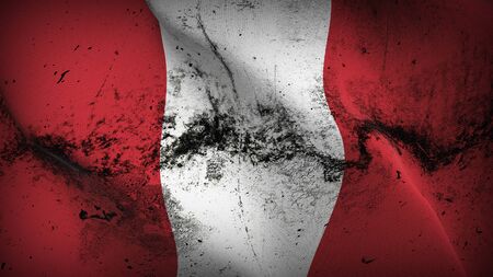 Peru grunge flag waving on wind. Peruvian dirty background fullscreen flag blowing on wind. Realistic fabric texture on elevator day.の写真素材