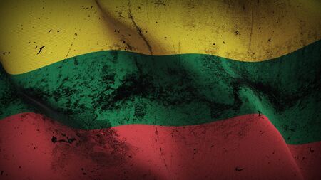Lithuania grunge flag waving on wind. Lithuanian dirty background fullscreen flag blowing on wind. Realistic fabric texture on elevator day.の写真素材