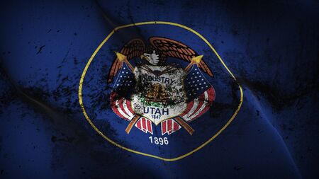 Utah US State grunge flag waving on wind. United States of America Utah dirty background fullscreen flag blowing on wind. Realistic fabric texture on elevator day.の写真素材
