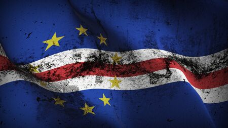 Cape Verde grunge flag waving on wind. Cape Verde dirty background fullscreen flag blowing on wind. Realistic fabric texture on elevator day.の写真素材