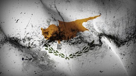 Cyprus grunge flag waving on wind. Cypriot dirty background fullscreen flag blowing on wind. Realistic fabric texture on elevator day.の写真素材