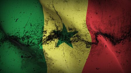 Senegal grunge flag waving on wind. Senegalese dirty background fullscreen flag blowing on wind. Realistic fabric texture on elevator day.の写真素材