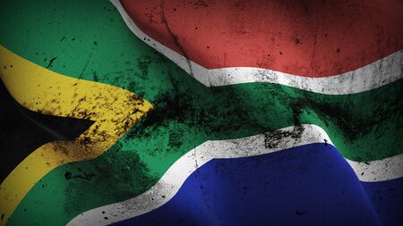 South Africa grunge flag waving on wind. South African dirty background fullscreen flag blowing on wind. Realistic fabric texture on elevator day.の写真素材