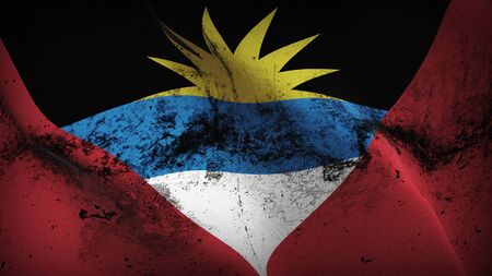 Antigua and Barbuda grunge flag waving on wind. Antigua and Barbuda dirty background fullscreen flag blowing on wind. Realistic fabric texture on elevator day.の写真素材