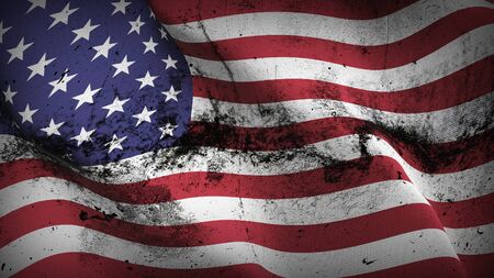 United States grunge flag waving on wind. United States dirty background fullscreen flag blowing on wind. Realistic fabric texture on elevator day.の写真素材
