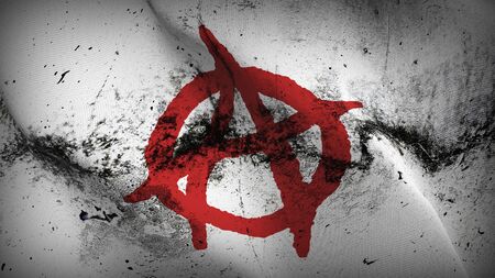 Anarchy Symbol red white grunge flag waving on wind. Anarchy Symbol red on white dirty background fullscreen flag blowing on wind. Realistic fabric texture on elevator day.の写真素材