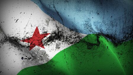 Djibouti grunge flag waving on wind. Djiboutian dirty background fullscreen flag blowing on wind. Realistic fabric texture on elevator day.の写真素材