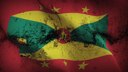 Grenada grunge flag waving on wind. Grenadian dirty background fullscreen flag blowing on wind. Realistic fabric texture on elevator day.の写真素材