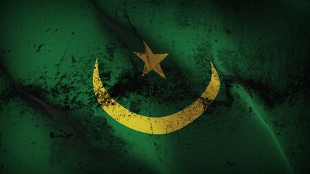 Mauritania grunge flag waving on wind. Mauritanian dirty background fullscreen flag blowing on wind. Realistic fabric texture on elevator day.の写真素材