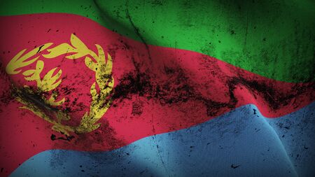 Eritrea grunge flag waving on wind. Eritrean dirty background fullscreen flag blowing on wind. Realistic fabric texture on elevator day.の写真素材
