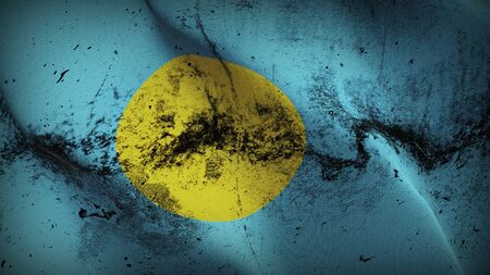 Palau grunge flag waving on wind. Palauan dirty background fullscreen flag blowing on wind. Realistic fabric texture on elevator day.の写真素材