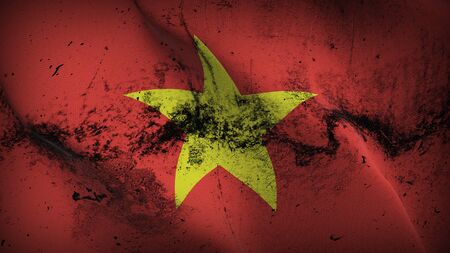 Vietnam grunge flag waving on wind. Vietnamese dirty background fullscreen flag blowing on wind. Realistic fabric texture on elevator day.の写真素材