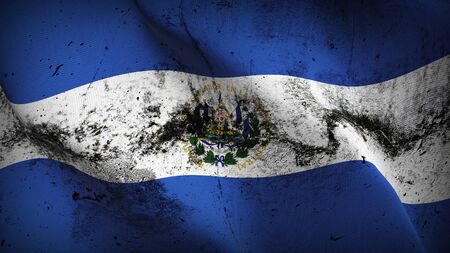 El Salvador grunge flag waving on wind. Salvadoran dirty background fullscreen flag blowing on wind. Realistic fabric texture on elevator day.の写真素材