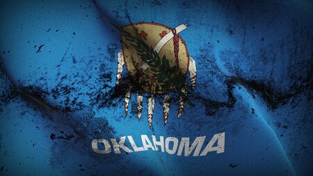 Oklahoma US State grunge flag waving on wind. United States of America Oklahoma dirty background fullscreen flag blowing on wind. Realistic fabric texture on elevator day.の写真素材