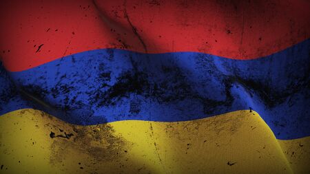 Armenia grunge flag waving on wind. Armenian dirty background fullscreen flag blowing on wind. Realistic fabric texture on elevator day.の写真素材