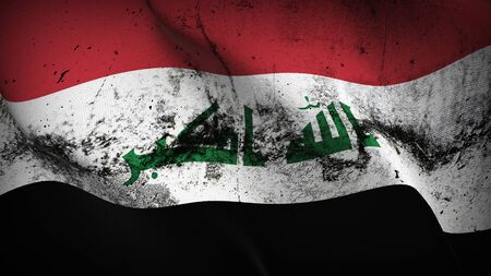 Iraq grunge flag waving on wind. Iraqi dirty background fullscreen flag blowing on wind. Realistic fabric texture on elevator day.の写真素材