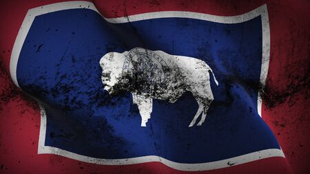 Wyoming US State grunge flag waving on wind. United States of America Wyoming dirty background fullscreen flag blowing on wind. Realistic fabric texture on elevator day.の写真素材