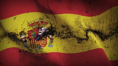Spain grunge flag waving on wind. Spanish dirty background fullscreen flag blowing on wind. Realistic fabric texture on elevator day.の写真素材