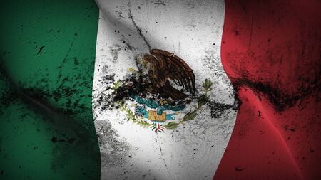Mexico grunge flag waving on wind. Mexican dirty background fullscreen flag blowing on wind. Realistic fabric texture on elevator day.の写真素材