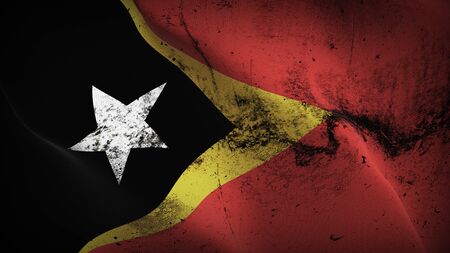 East Timor grunge flag waving on wind. East Timorese dirty background fullscreen flag blowing on wind. Realistic fabric texture on elevator day.の写真素材