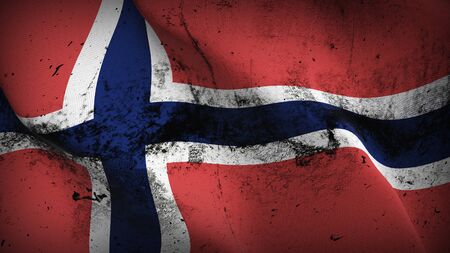 Norway grunge flag waving on wind. Norwegian dirty background fullscreen flag blowing on wind. Realistic fabric texture on elevator day.の写真素材