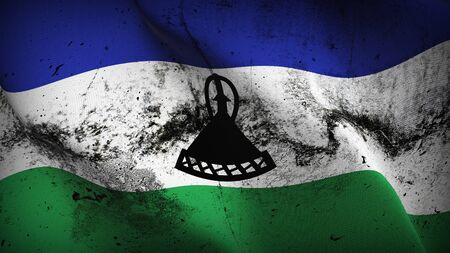 Lesotho grunge flag waving on wind. Lesotho dirty background fullscreen flag blowing on wind. Realistic fabric texture on elevator day.の写真素材