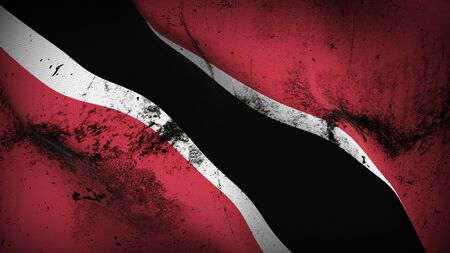 Trinidad and Tobago grunge flag waving on wind. Trinidad and Tobago dirty background fullscreen flag blowing on wind. Realistic fabric texture on elevator day.の写真素材