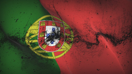 Portugal grunge flag waving on wind. Portuguese dirty background fullscreen flag blowing on wind. Realistic fabric texture on elevator day.の写真素材
