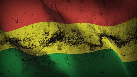 Bolivia grunge flag waving on wind. Bolivian dirty background fullscreen flag blowing on wind. Realistic fabric texture on elevator day.の写真素材
