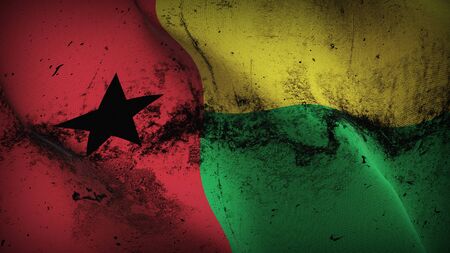 Guinea Bissau grunge flag waving on wind. Guinea Bissau dirty background fullscreen flag blowing on wind. Realistic fabric texture on elevator day.の写真素材