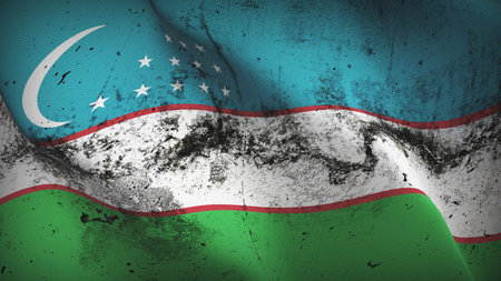 Uzbekistan grunge flag waving on wind. Uzbekistani dirty background fullscreen flag blowing on wind. Realistic fabric texture on elevator day.の写真素材
