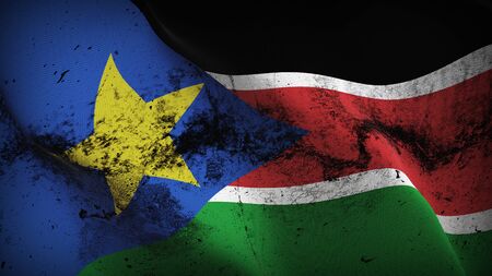 South Sudan grunge flag waving on wind. South Sudanese dirty background fullscreen flag blowing on wind. Realistic fabric texture on elevator day.の写真素材