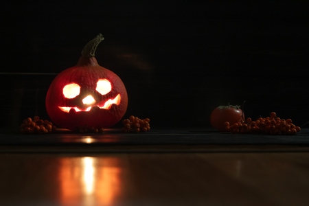 Halloween luminous pumpkin Jack-o-lanterns with scary faces and rowanberries bunches on the dark wooden background with the reflection on the floorの写真素材