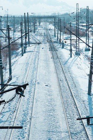 an Empty Railway covered with snow in Winterの写真素材