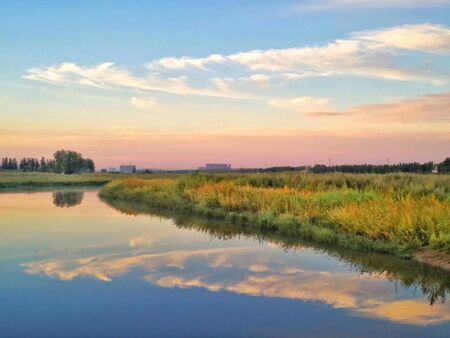 Clear grassy riverのeditorial素材