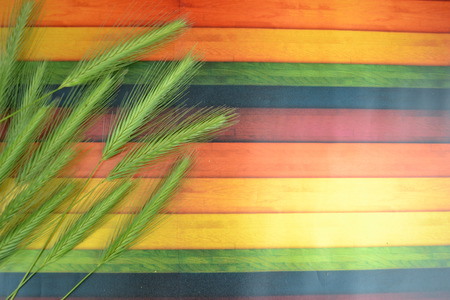 Wheat Ears on the Wooden Table. Sheaf of Wheat over Wood Background. Harvest conceptの写真素材